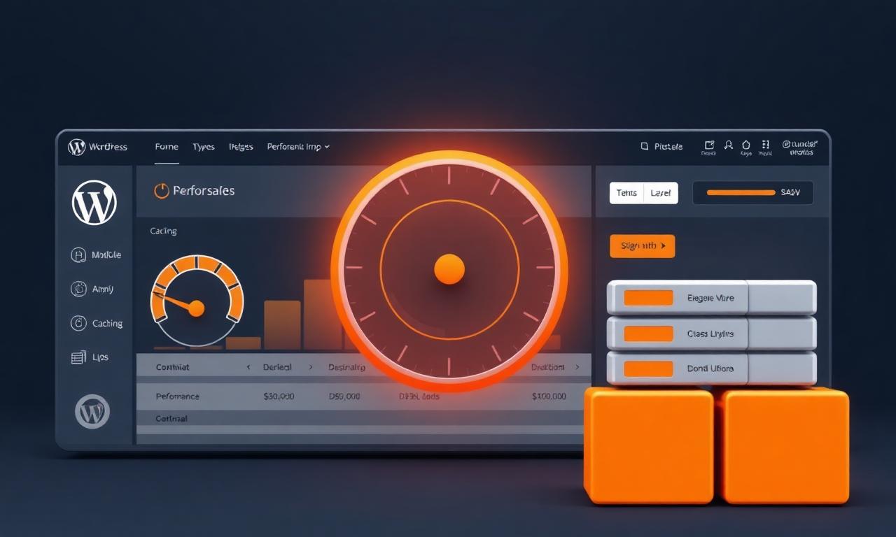 WordPress performance dashboard with speed gauges and caching blocks